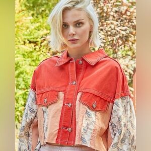 POL Orange Paisley Sleeve Patchwork Jacket Open Back Slit Boho Cottagecore